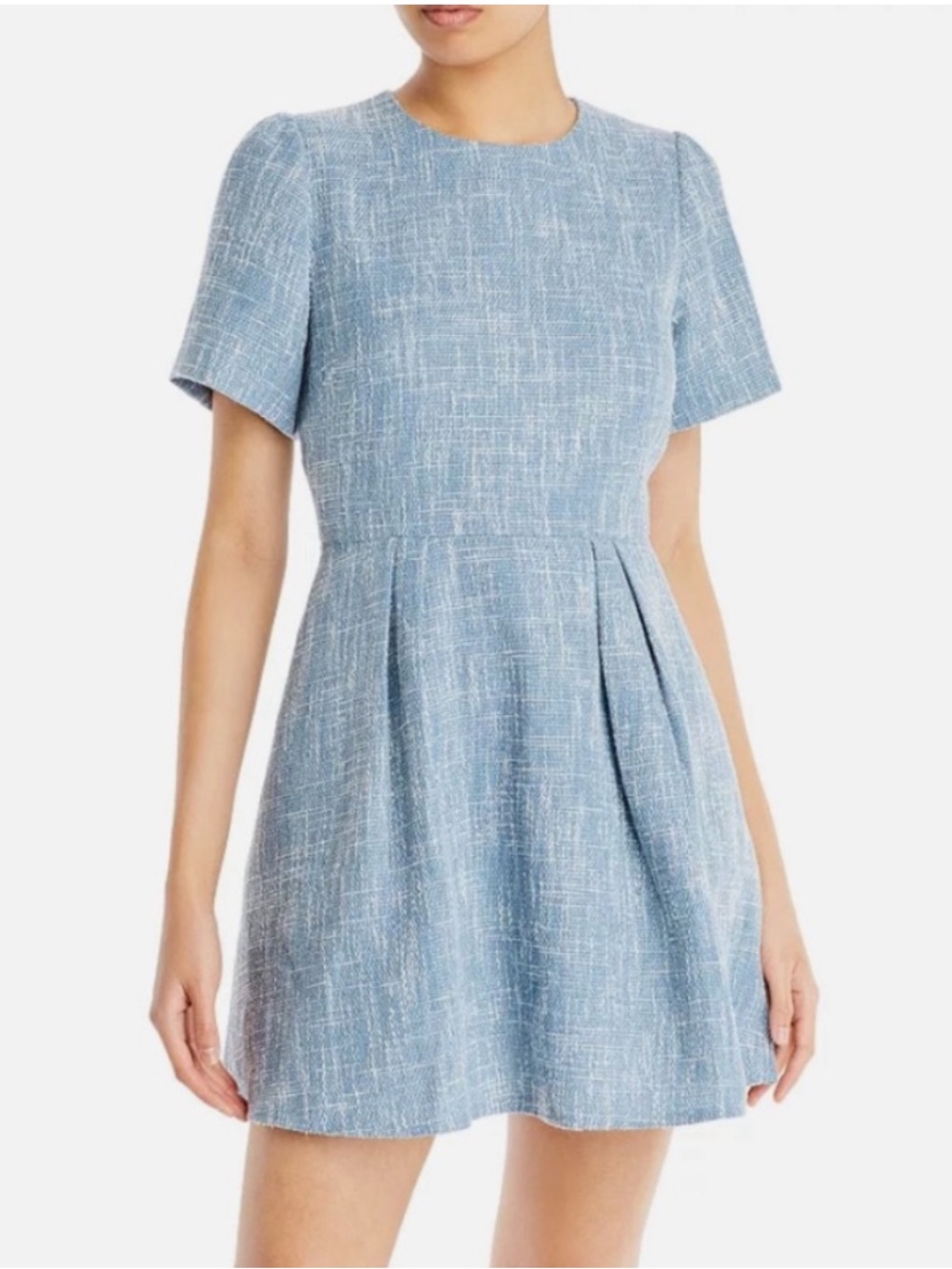 Aqua Light Blue Bouclé Tweed Fit-and-Flare Mini Dress